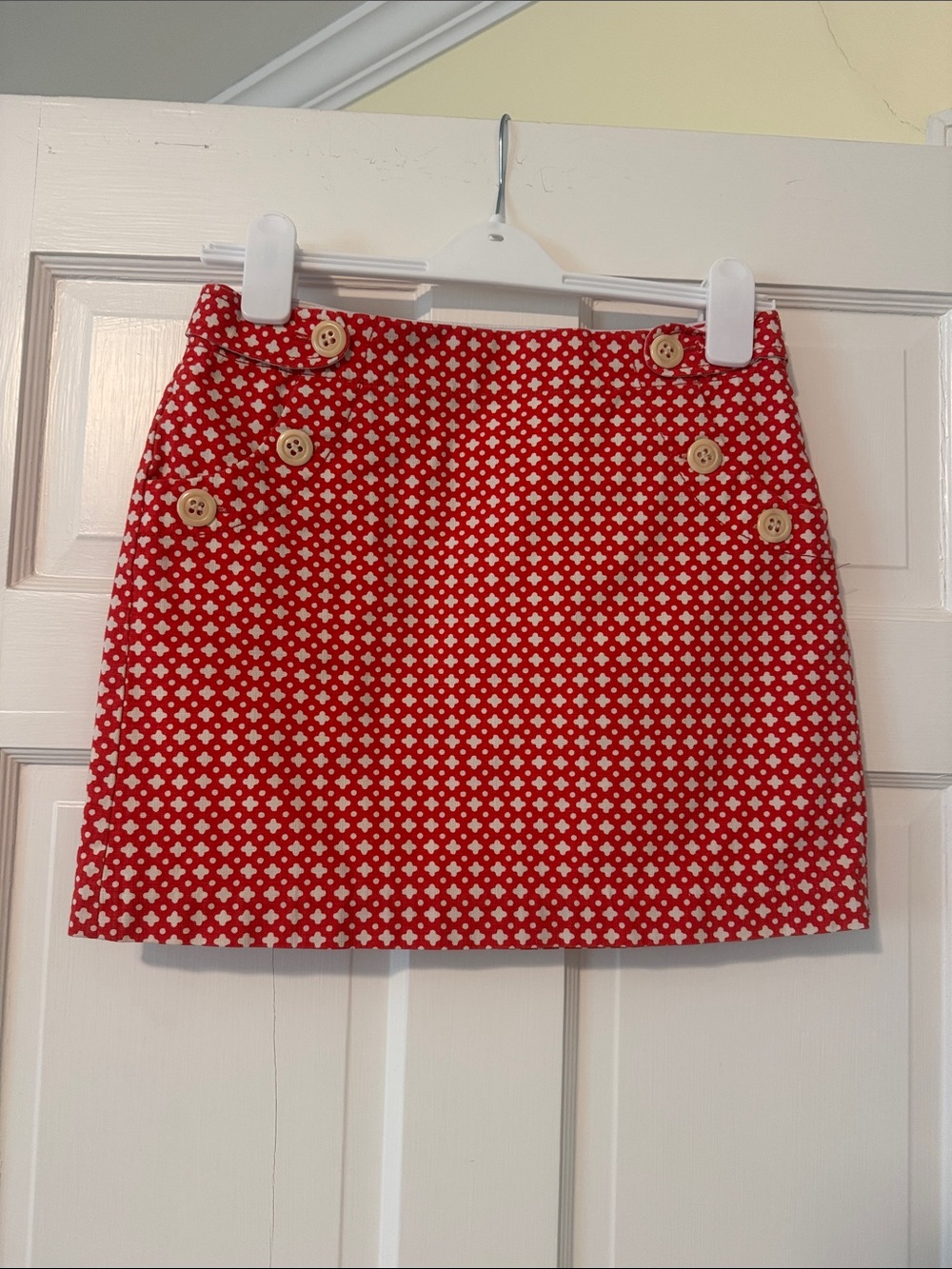 J. Crew Red Printed Mini Skirt with Cream Buttons